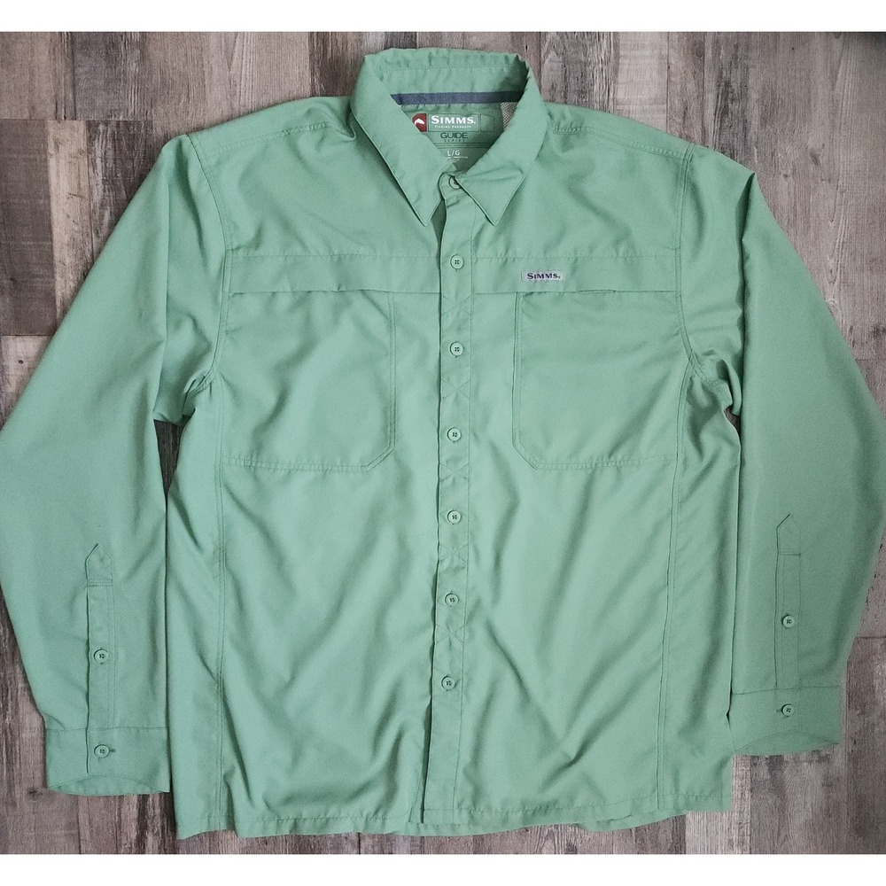 Simms Guide Series Fishing Shirt Mens Large Green Long Sleeve Ventilated UPF